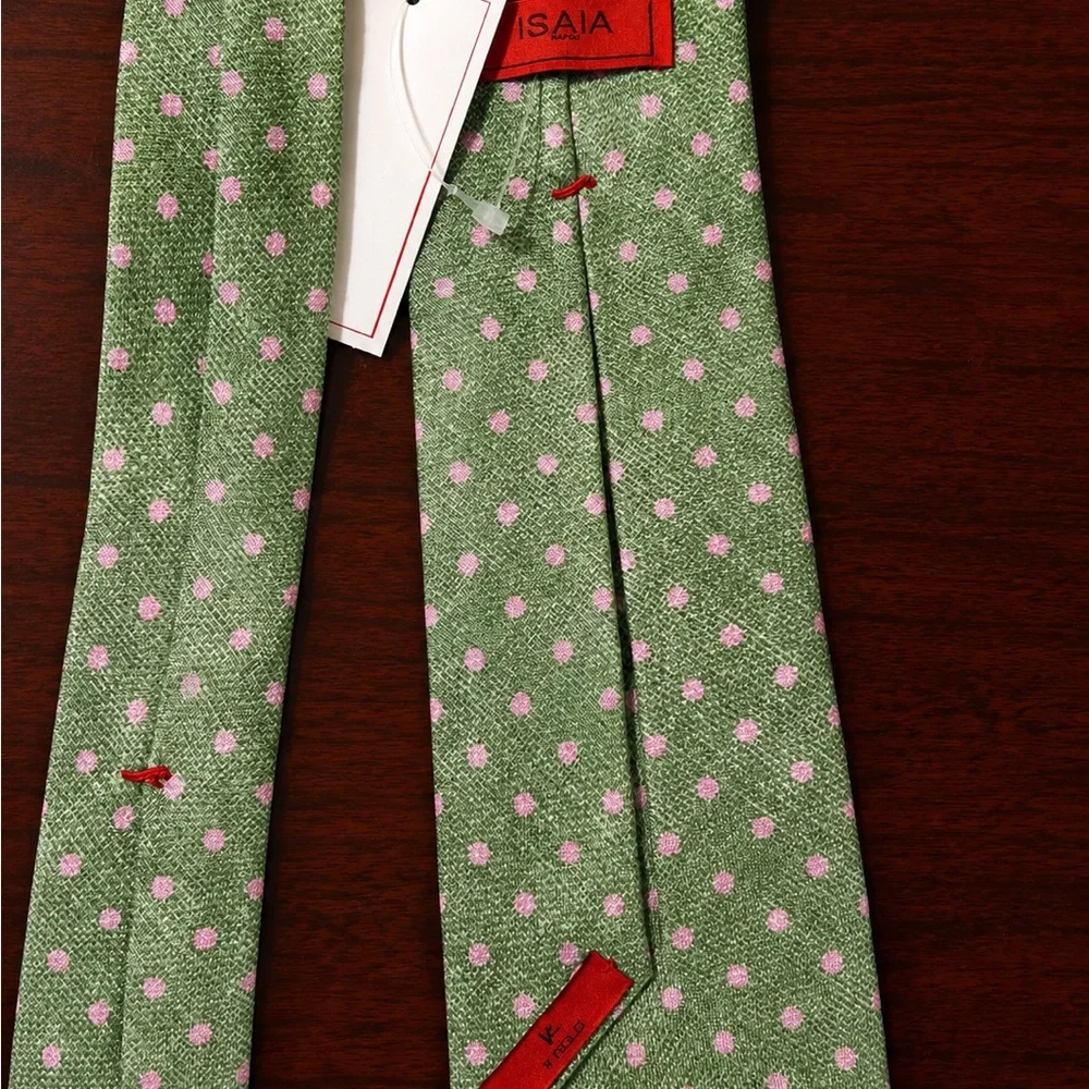 Isaia 7-Fold Green Polka-Dot Silk Tie with Pink Dots (NWT)